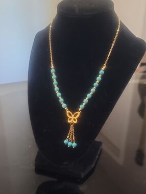 Gold Butterfly Pendant Necklace with Turquoise Beads